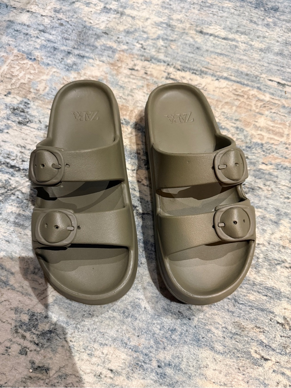 Zara Olive Green Double-Buckle Slide Sandals